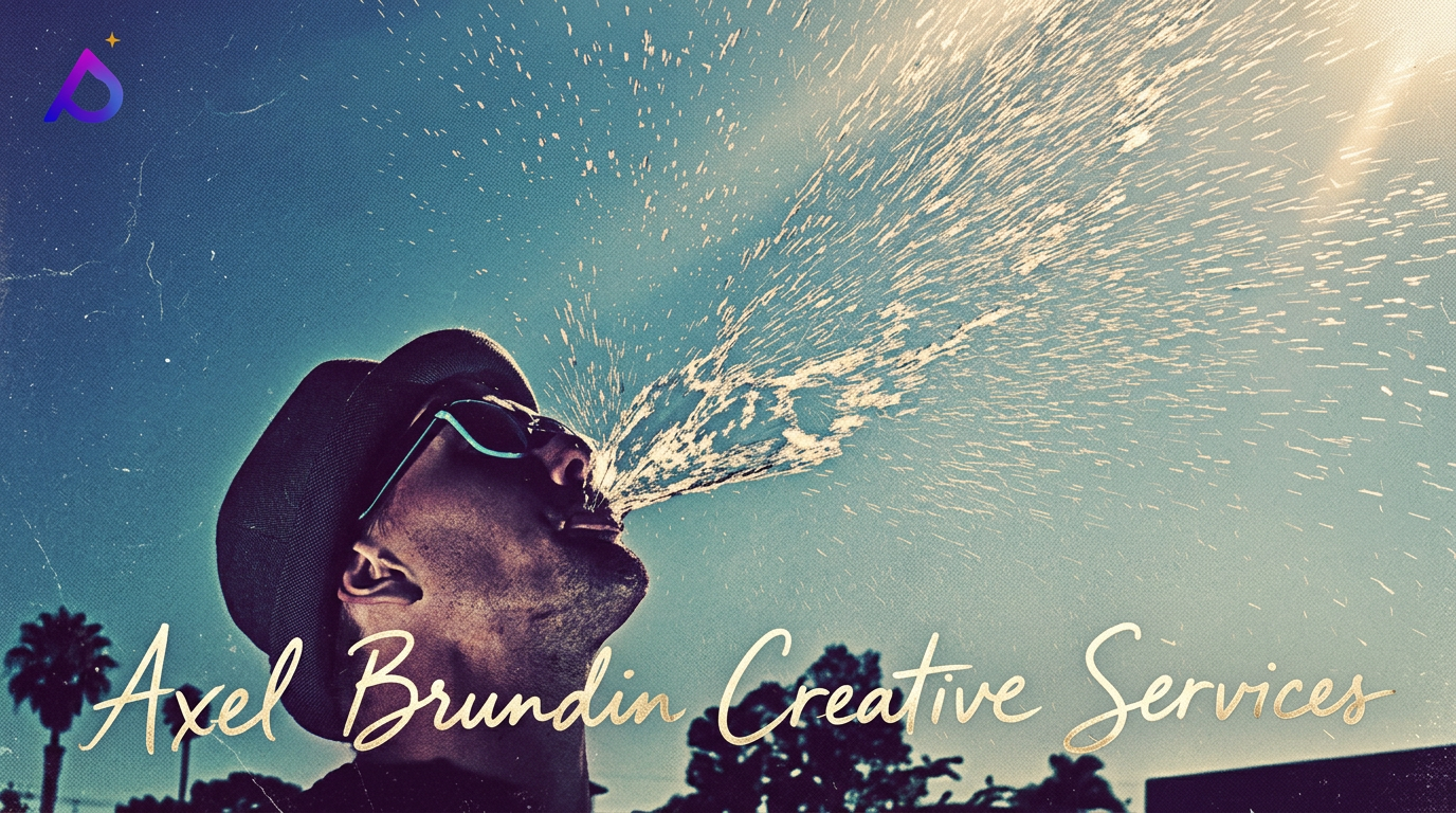 Vintage-styled portrait of Axel Brundin spraying water into the sky, with the ABCS logo and handwritten 'Axel Brundin Creative Services'