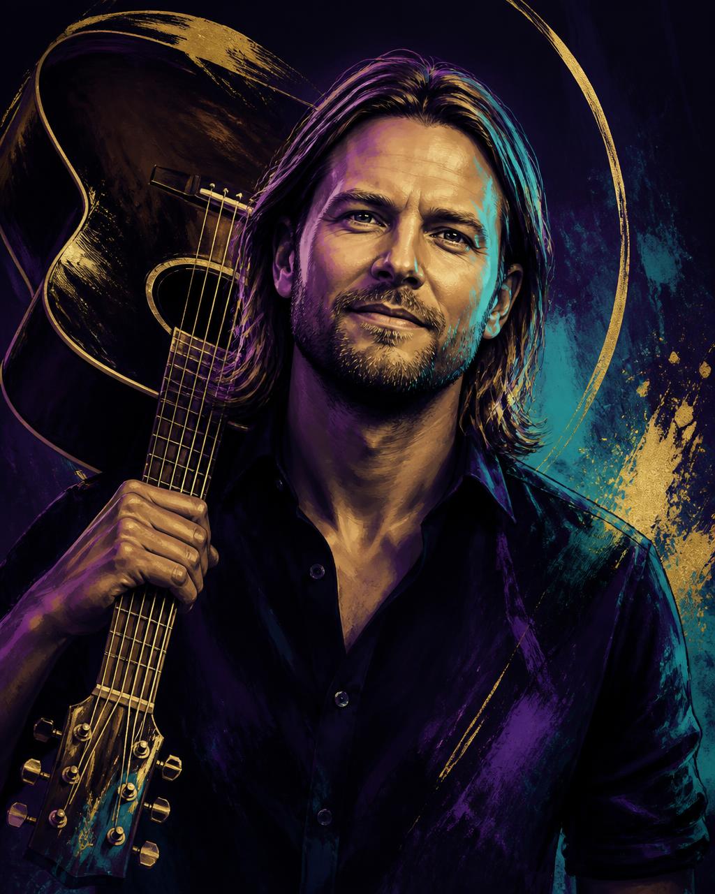 Illustrated portrait of Axel Brundin holding an acoustic guitar