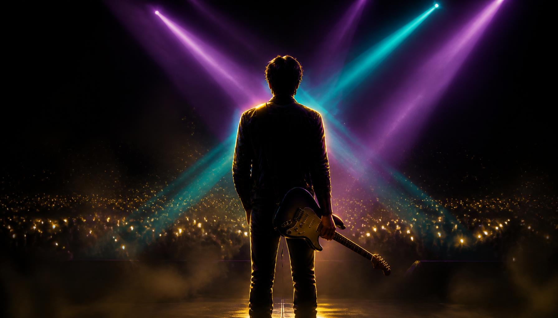 A lone guitarist on a dark stage facing violet and turquoise stage lights